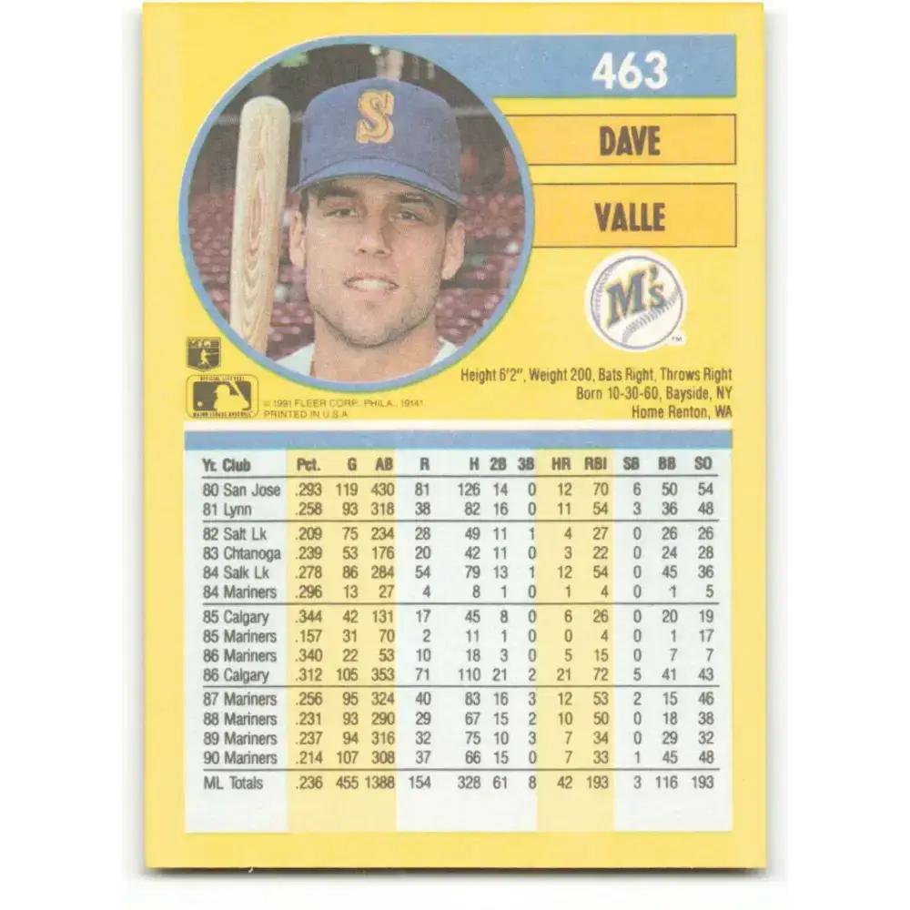 1991 Fleer #463 Dave Valle NM-MT Seattle Mariners Baseball Card - Baseball Card Single