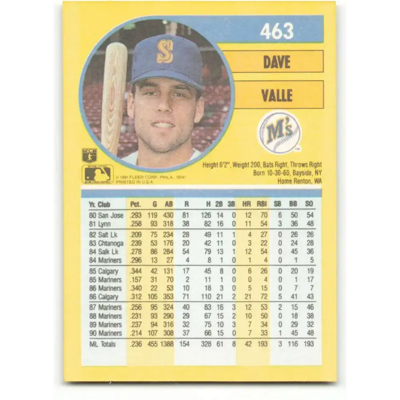 1991 Fleer #463 Dave Valle NM-MT Seattle Mariners Baseball Card - Baseball Card Single