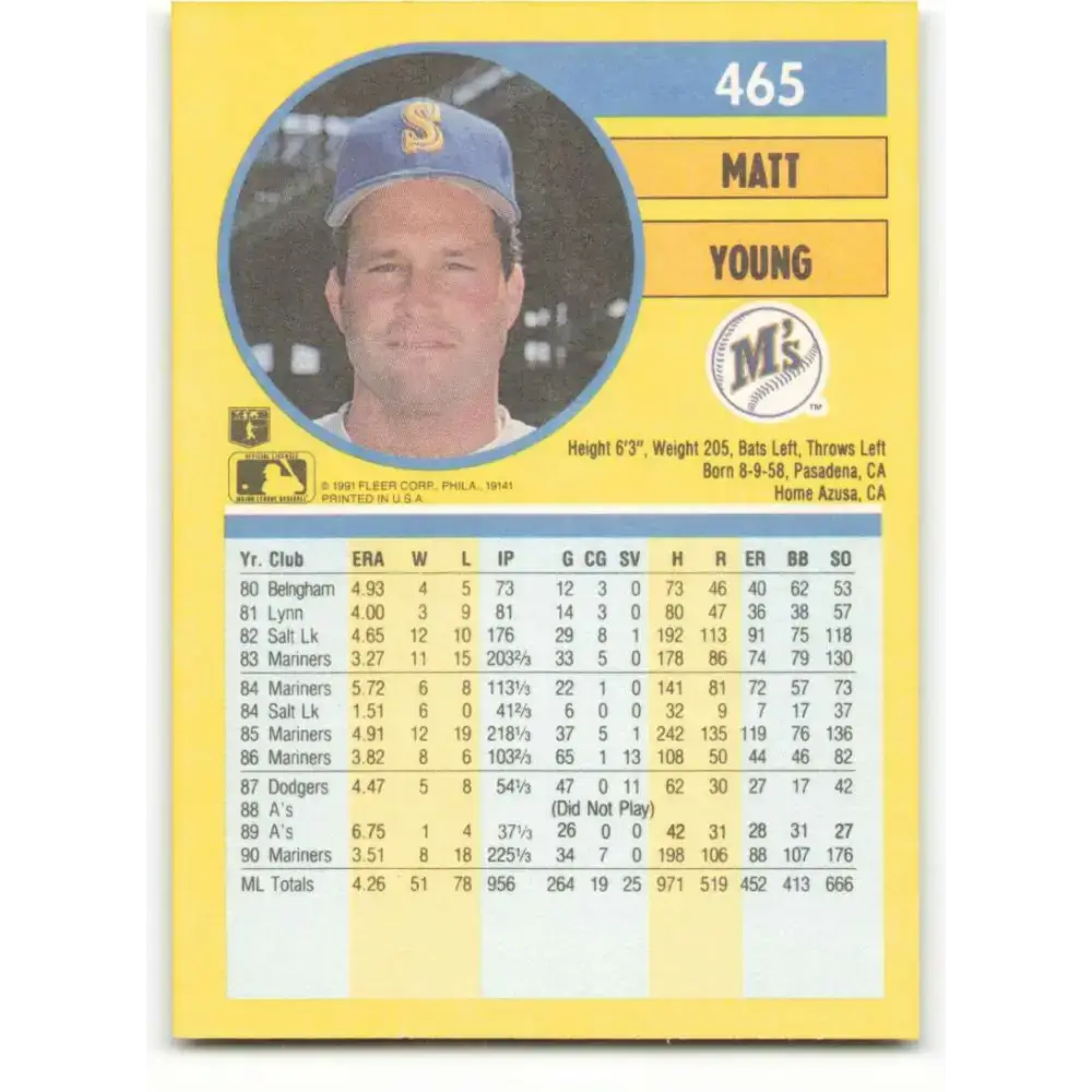 1991 Fleer #465 Matt Young NM-MT Seattle Mariners Baseball Card - Baseball Card Single