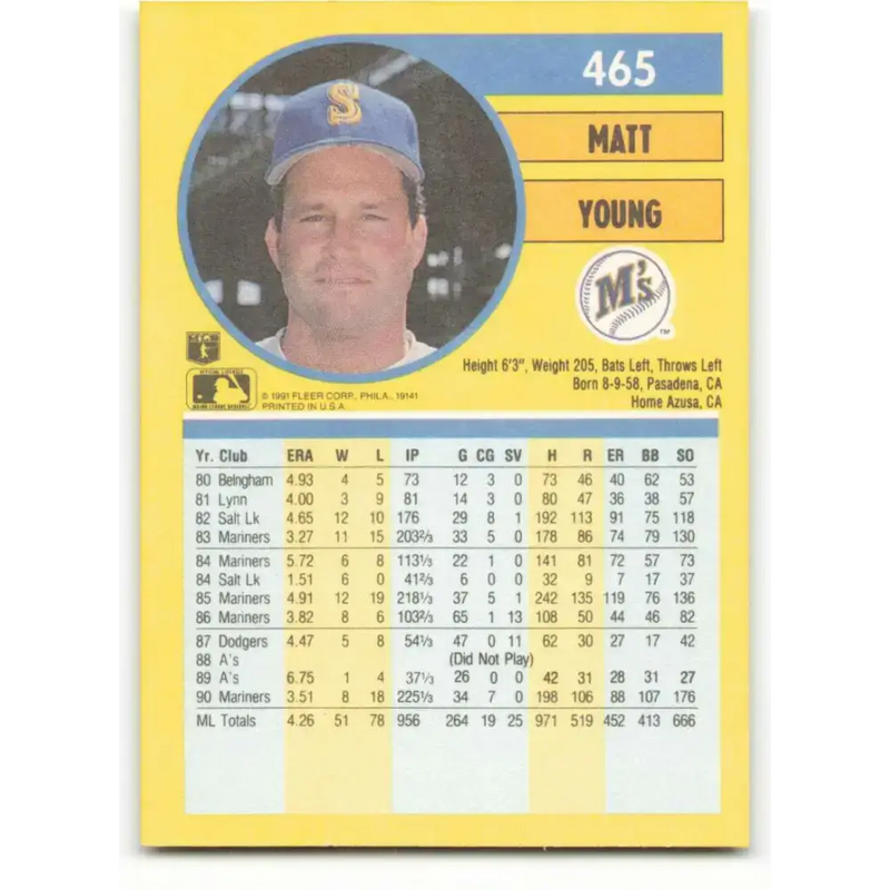 1991 Fleer #465 Matt Young NM-MT Seattle Mariners Baseball Card - Baseball Card Single