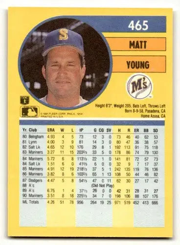 1991 Fleer #465a Matt Young baseball card from wax/cello pack with 1988 stats