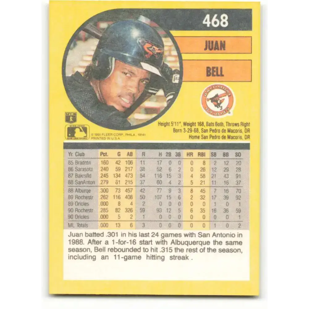 1991 Fleer #468 Juan Bell NM-MT Baltimore Orioles Baseball Card - Baseball Card Single