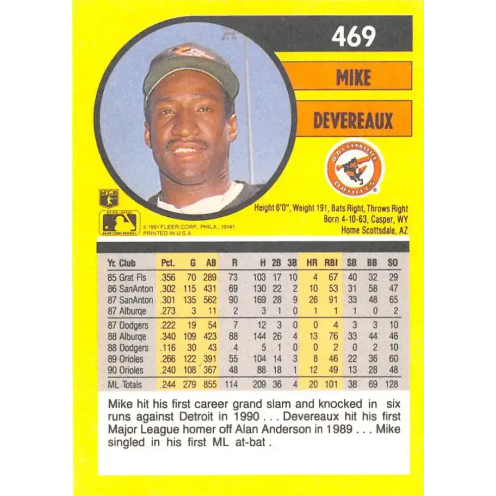 1991 Fleer #469 Mike Devereaux NM-MT Baltimore Orioles Baseball Card - Baseball Card Single