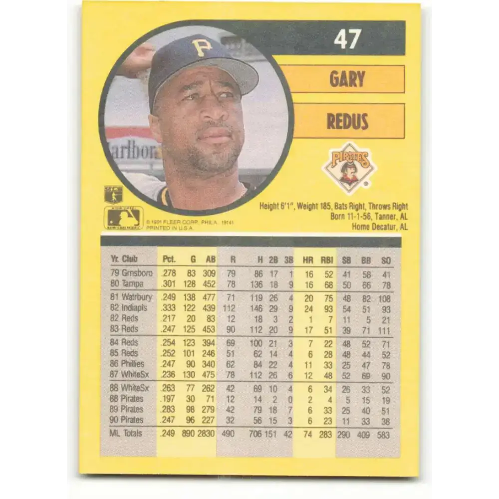 1991 Fleer #47 Gary Redus NM-MT Pittsburgh Pirates Baseball Card - Baseball Card Single
