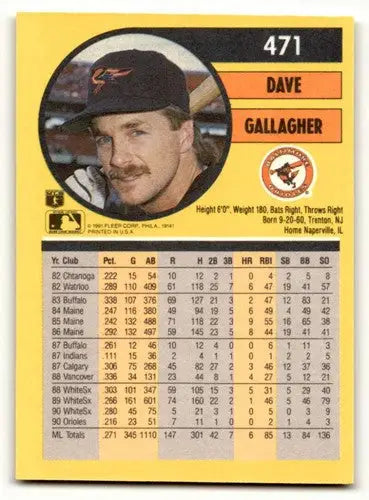 Original gloss 1991 Fleer Dave Gallagher Baltimore Orioles baseball card NM N