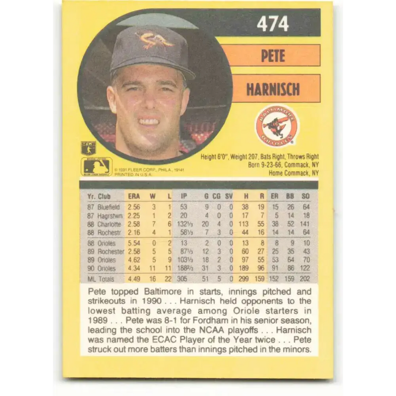 1991 Fleer #474 Pete Harnisch NM-MT Baltimore Orioles Baseball Card - Baseball Card Single