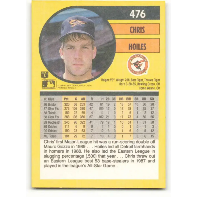 1991 Fleer #476 Chris Hoiles NM-MT Baltimore Orioles Baseball Card - Baseball Card Single