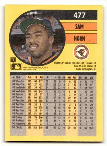 1991 Fleer #477 Sam Horn Baltimore Orioles Baseball Cards NM Near Mi ID:58092 - Baseball Card Single