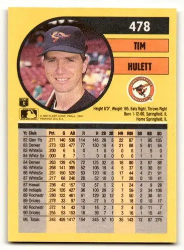 1991 Fleer Tim Hulett Baltimore Orioles baseball card NM near mint high quality