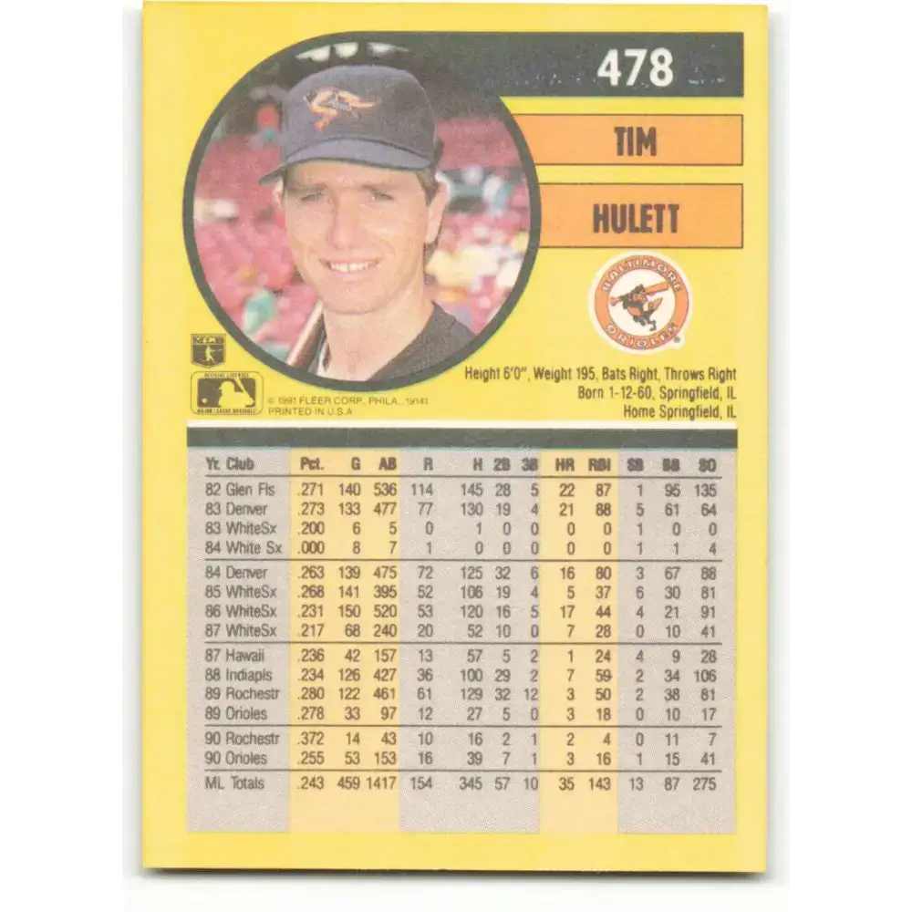 1991 Fleer #478 Tim Hulett NM-MT Baltimore Orioles Baseball Card - Baseball Card Single