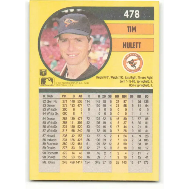 1991 Fleer #478 Tim Hulett NM-MT Baltimore Orioles Baseball Card - Baseball Card Single