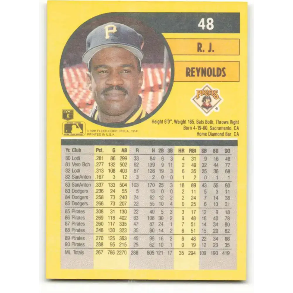 1991 Fleer #48 R.J. Reynolds NM-MT Pittsburgh Pirates Baseball Card - Baseball Card Single