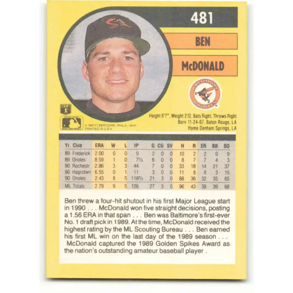 1991 Fleer #481 Ben McDonald NM-MT Baltimore Orioles Baseball Card - Baseball Card Single