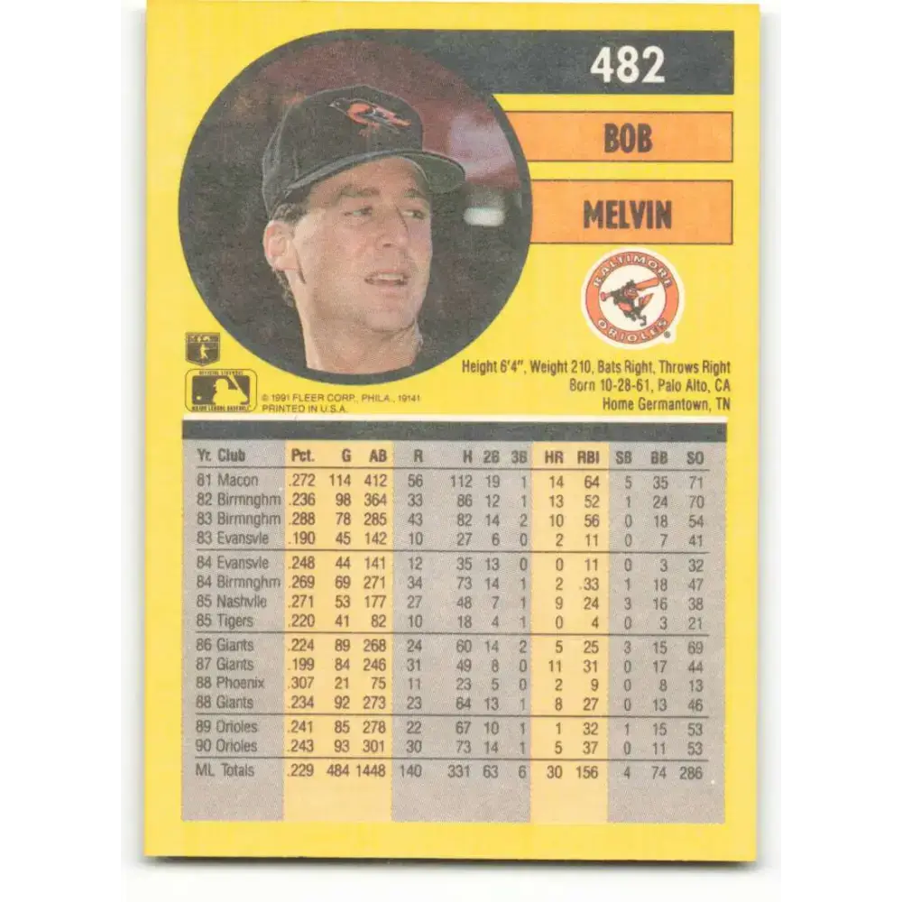 1991 Fleer #482 Bob Melvin NM-MT Baltimore Orioles Baseball Card - Baseball Card Single