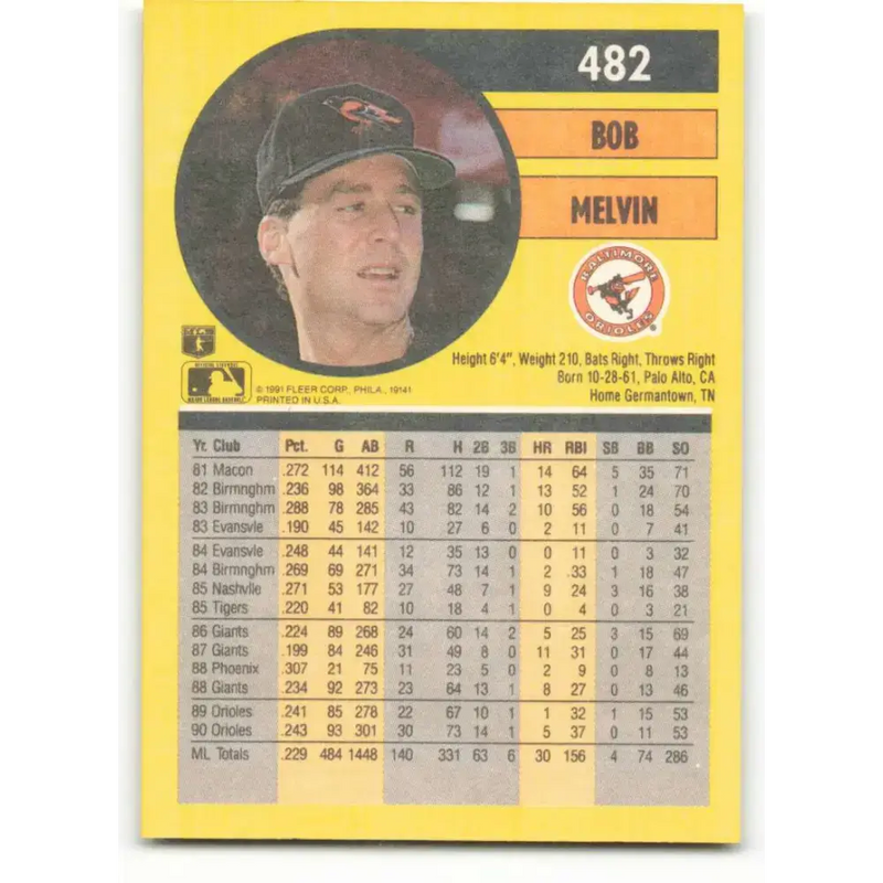 1991 Fleer #482 Bob Melvin NM-MT Baltimore Orioles Baseball Card - Baseball Card Single