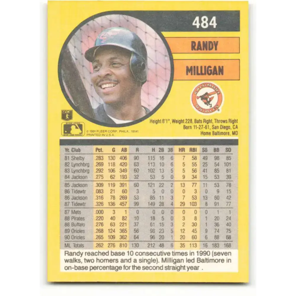 1991 Fleer #484 Randy Milligan NM-MT Baltimore Orioles Baseball Card - Baseball Card Single