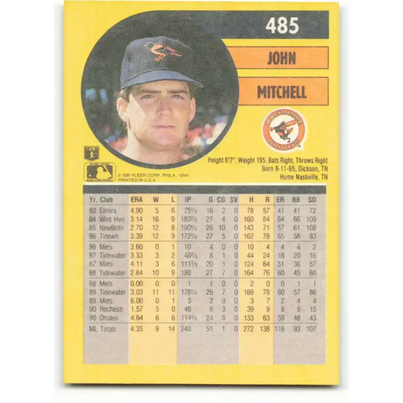 1991 Fleer #485 John Mitchell NM-MT Baltimore Orioles Baseball Card - Baseball Card Single