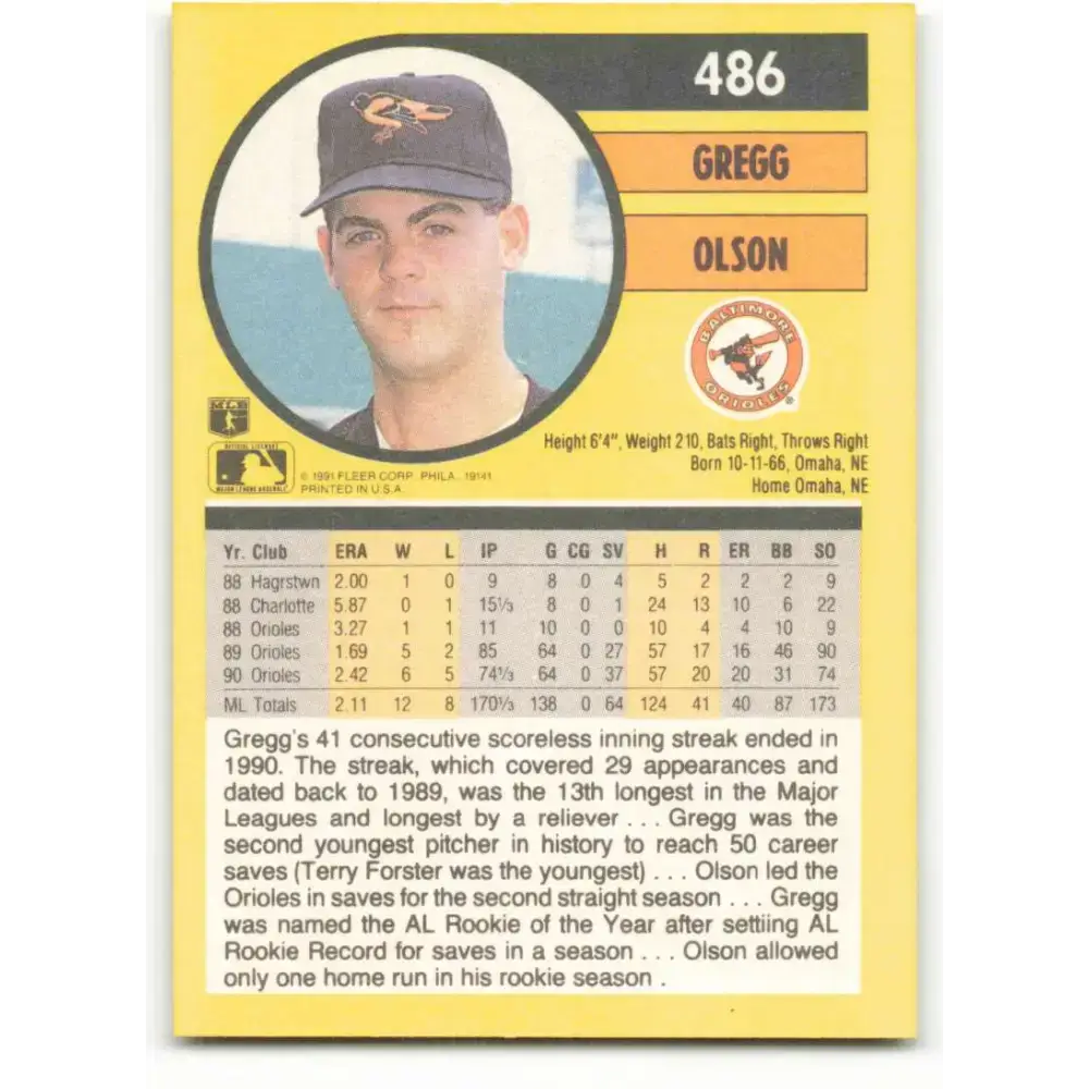 1991 Fleer #486 Gregg Olson NM-MT Baltimore Orioles Baseball Card - Baseball Card Single