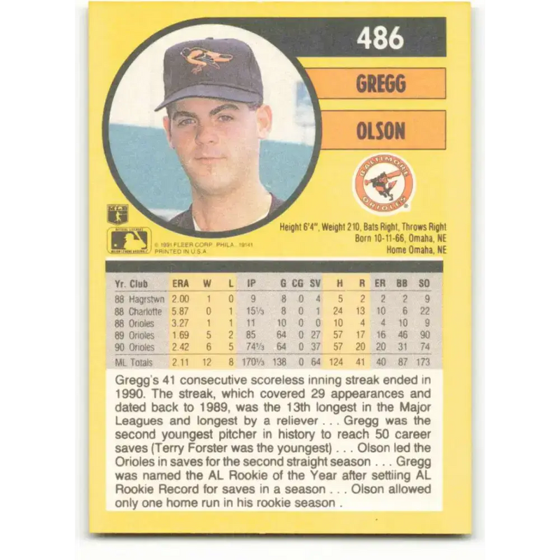 1991 Fleer #486 Gregg Olson NM-MT Baltimore Orioles Baseball Card - Baseball Card Single