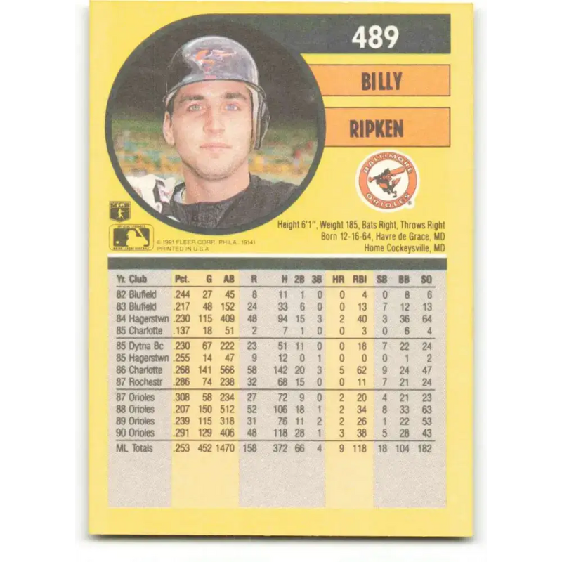 1991 Fleer #489 Billy Ripken NM-MT Baltimore Orioles Baseball Card - Baseball Card Single
