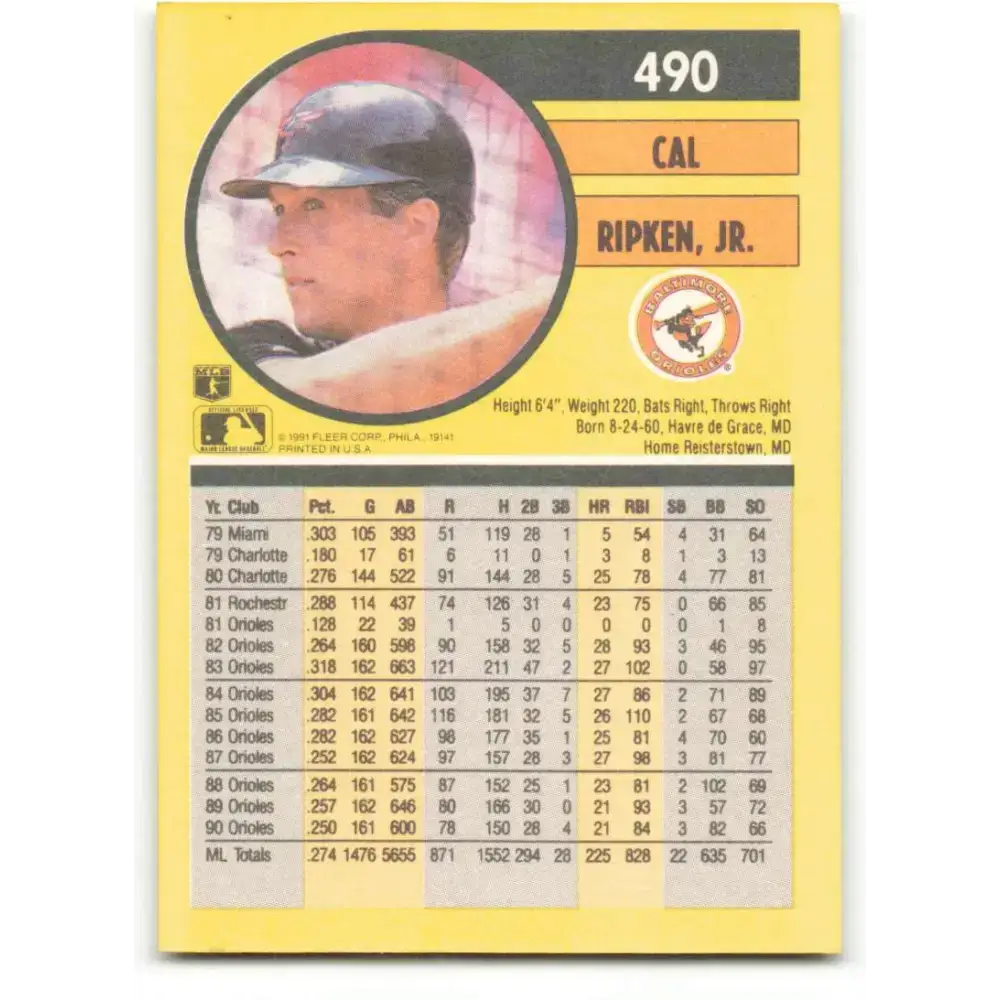 1991 Fleer #490 Cal Ripken Jr. NM-MT Baltimore Orioles Baseball Card - Baseball Card Single