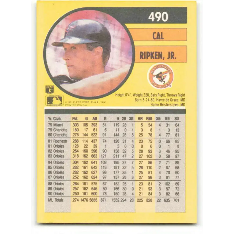 1991 Fleer #490 Cal Ripken Jr. NM-MT Baltimore Orioles Baseball Card - Baseball Card Single