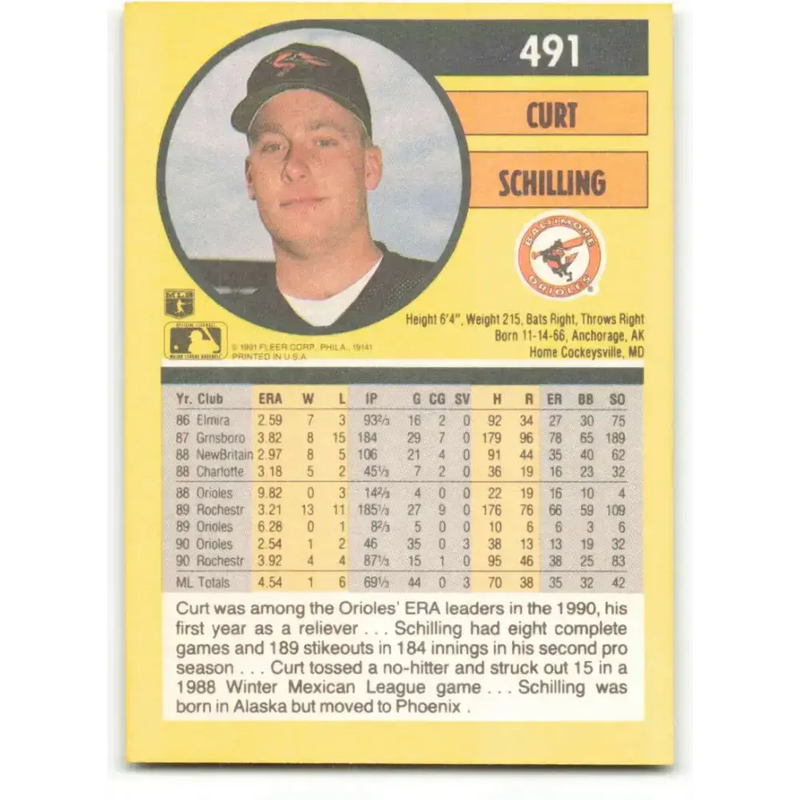 1991 Fleer #491 Curt Schilling NM-MT Baltimore Orioles Baseball Card - Baseball Card Single