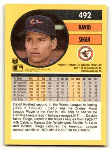 Original gloss David Segui Baltimore Orioles baseball card from 1991 Fleer series