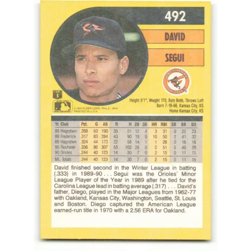 1991 Fleer #492 David Segui NM-MT Baltimore Orioles Baseball Card - Baseball Card Single
