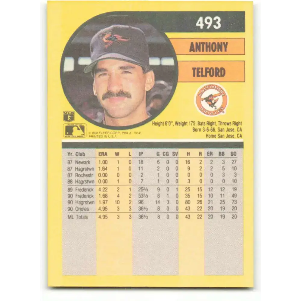 1991 Fleer #493 Anthony Telford NM-MT RC Rookie Baltimore Orioles Baseball Card - Baseball Card Single
