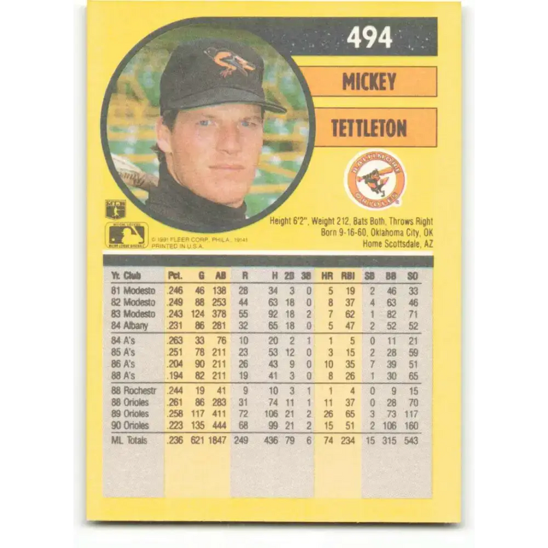 1991 Fleer #494 Mickey Tettleton NM-MT Baltimore Orioles Baseball Card - Baseball Card Single