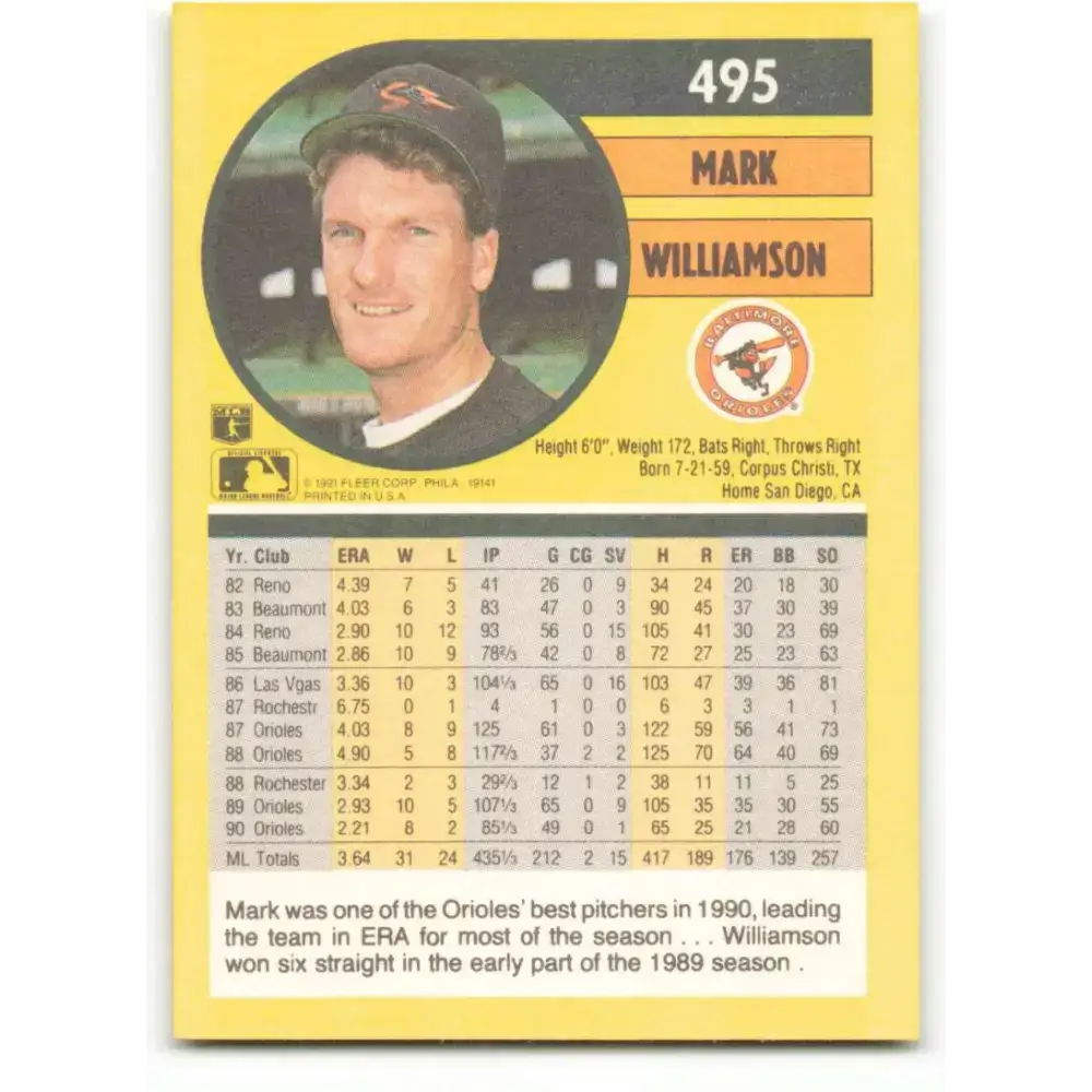 1991 Fleer #495 Mark Williamson NM-MT Baltimore Orioles Baseball Card - Baseball Card Single