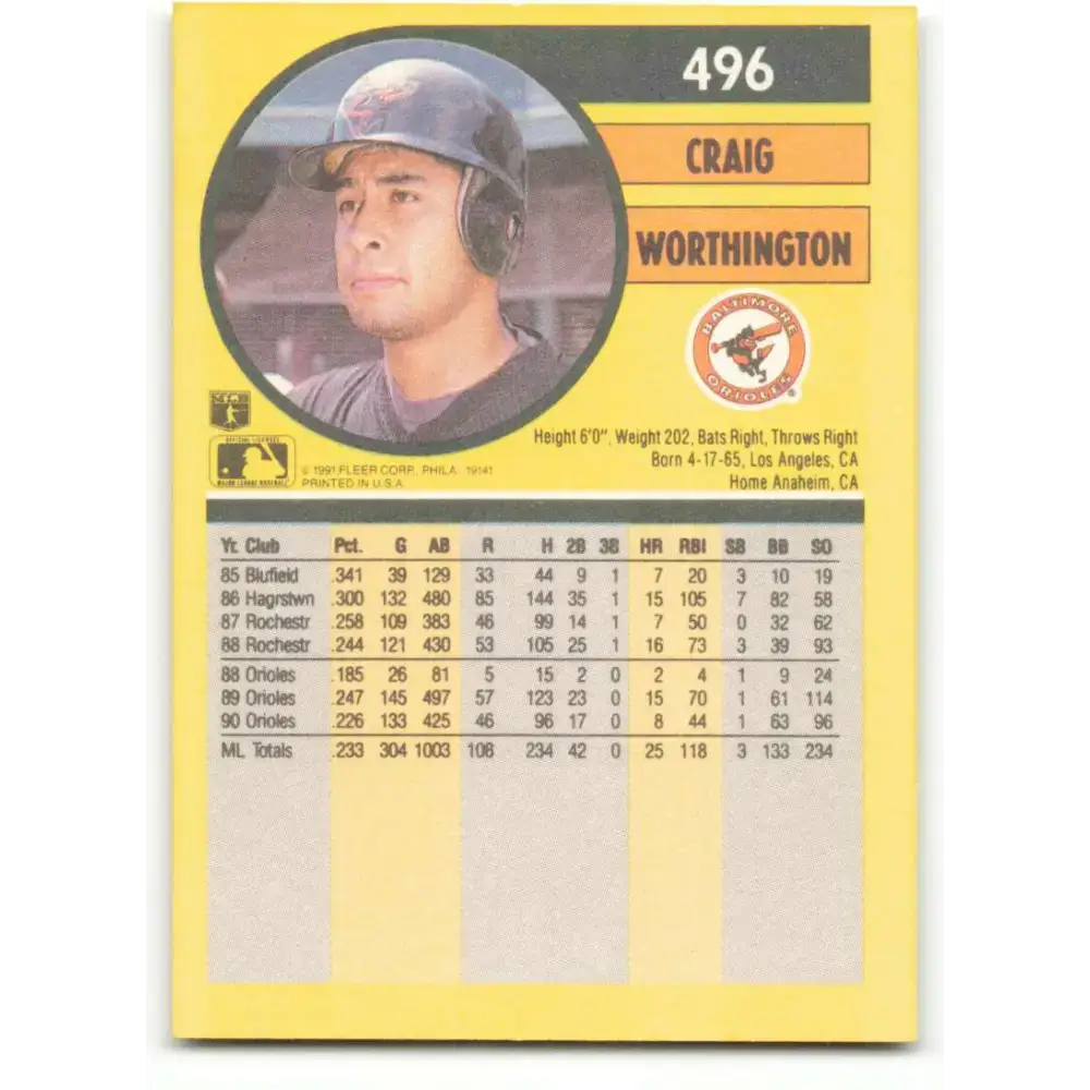 1991 Fleer #496 Craig Worthington NM-MT Baltimore Orioles Baseball Card - Baseball Card Single