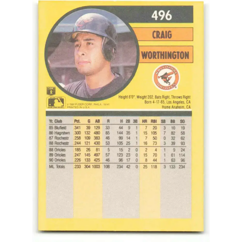 1991 Fleer #496 Craig Worthington NM-MT Baltimore Orioles Baseball Card - Baseball Card Single