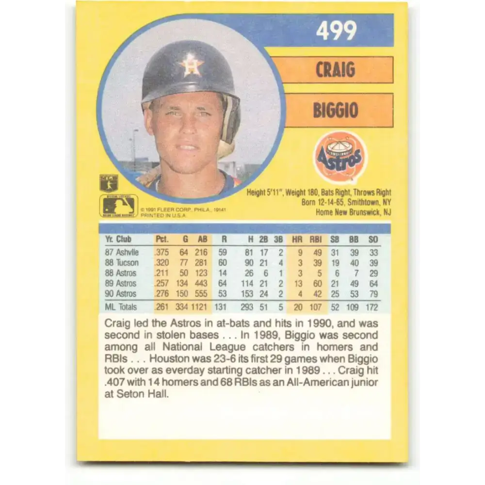 1991 Fleer #499 Craig Biggio NM-MT Houston Astros Baseball Card - Baseball Card Single