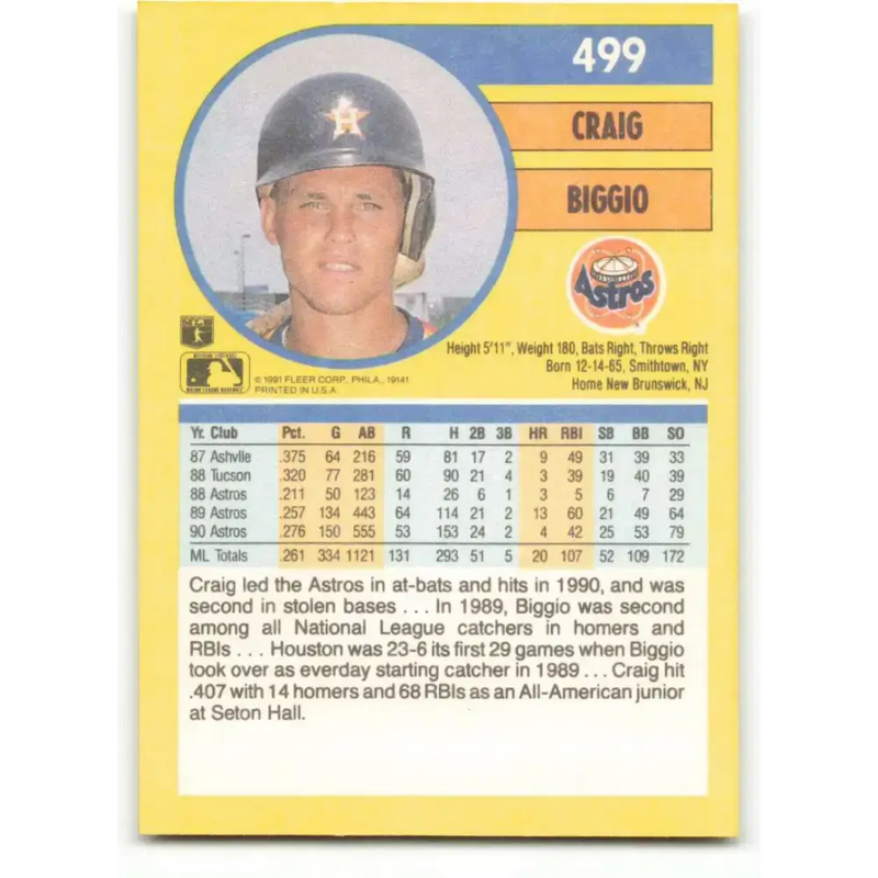 1991 Fleer #499 Craig Biggio NM-MT Houston Astros Baseball Card - Baseball Card Single