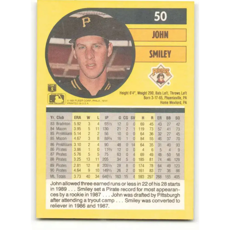 1991 Fleer #50 John Smiley NM-MT Pittsburgh Pirates Baseball Card - Baseball Card Single