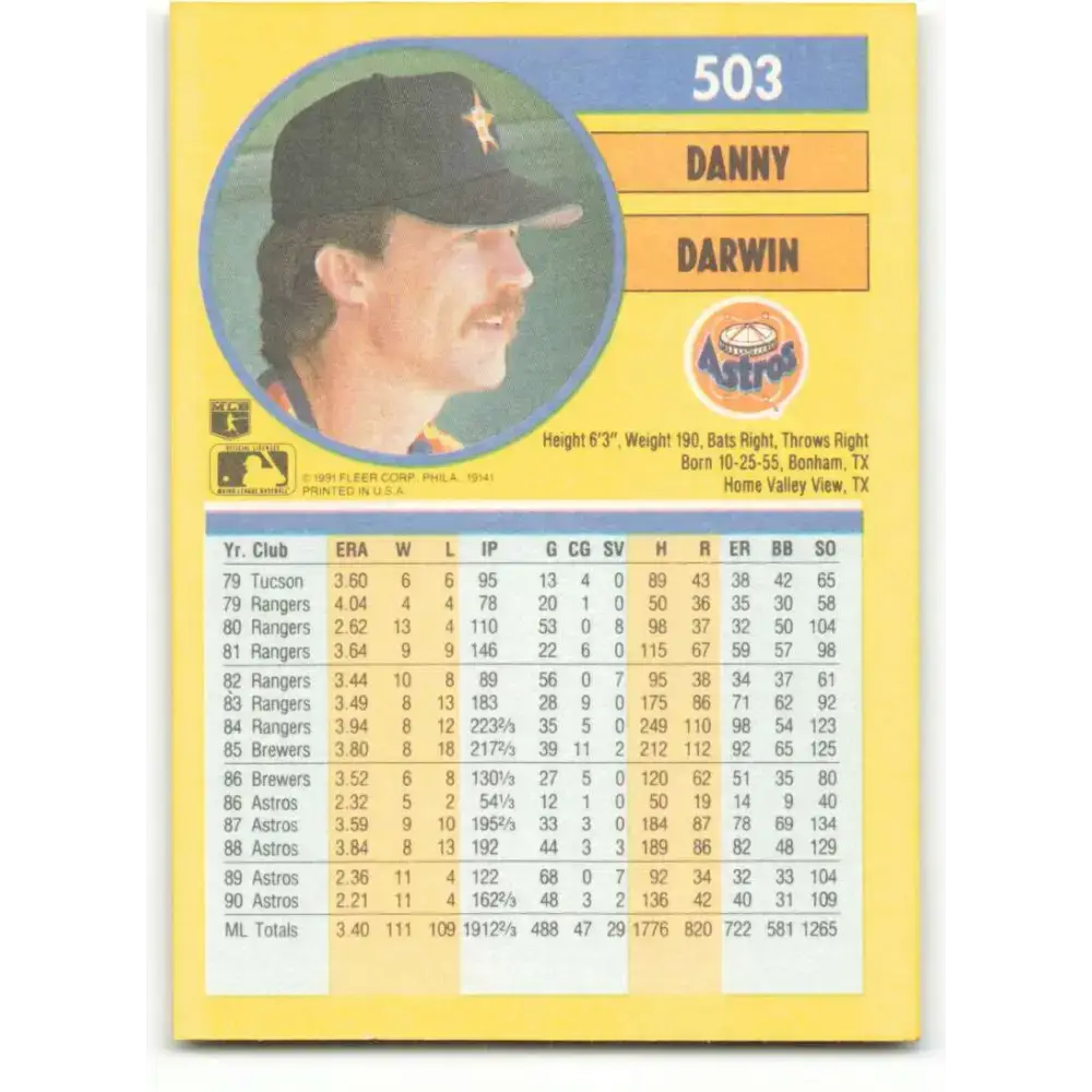 1991 Fleer #503 Danny Darwin NM-MT Houston Astros Baseball Card - Baseball Card Single