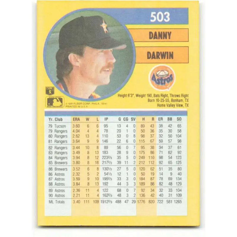 1991 Fleer #503 Danny Darwin NM-MT Houston Astros Baseball Card - Baseball Card Single