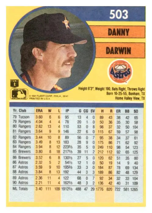 1991 Fleer #503b Danny Darwin - Baseball Card Single