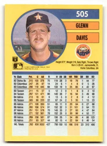 Glenn Davis Houston baseball card from 1991 Fleer #505, Houston Astros player image