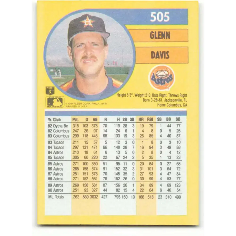 1991 Fleer #505 Glenn Davis NM-MT Houston Astros Baseball Card - Baseball Card Single