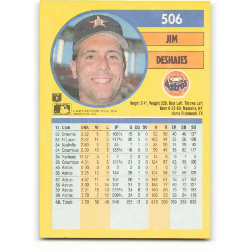 1991 Fleer #506 Jim Deshaies NM-MT Houston Astros Baseball Card - Baseball Card Single
