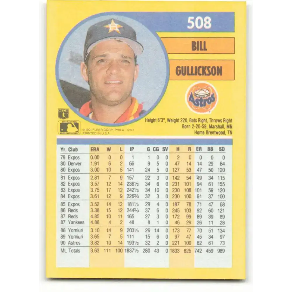 1991 Fleer #508 Bill Gullickson NM-MT Houston Astros Baseball Card - Baseball Card Single