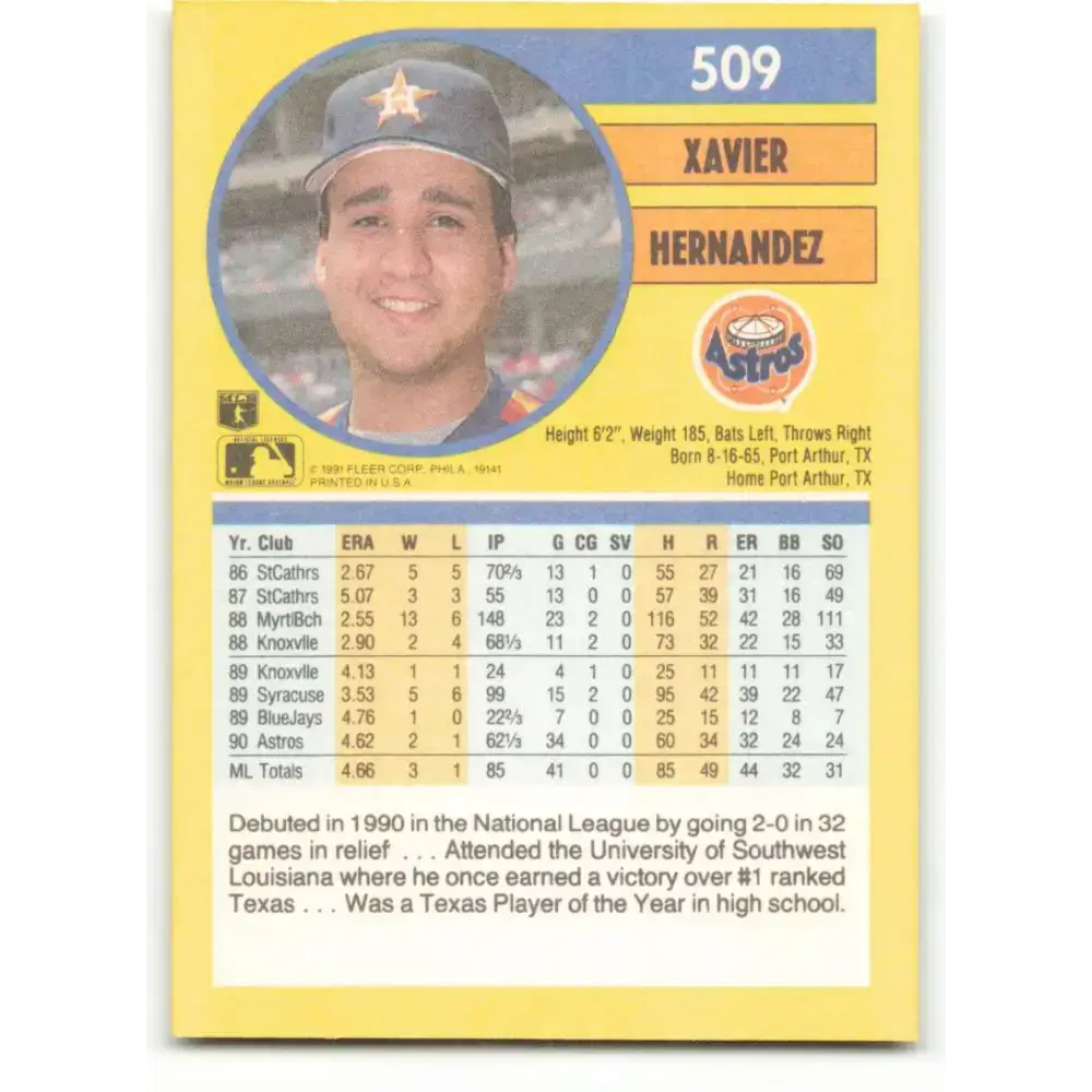 1991 Fleer #509 Xavier Hernandez NM-MT Houston Astros Baseball Card - Baseball Card Single