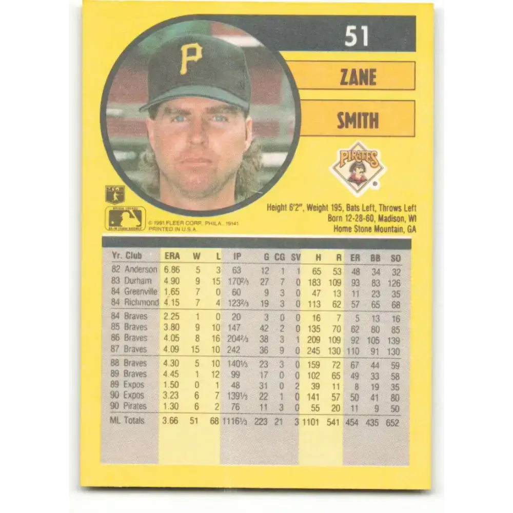 1991 Fleer #51 Zane Smith NM-MT Pittsburgh Pirates Baseball Card - Baseball Card Single