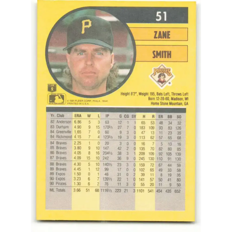 1991 Fleer #51 Zane Smith NM-MT Pittsburgh Pirates Baseball Card - Baseball Card Single