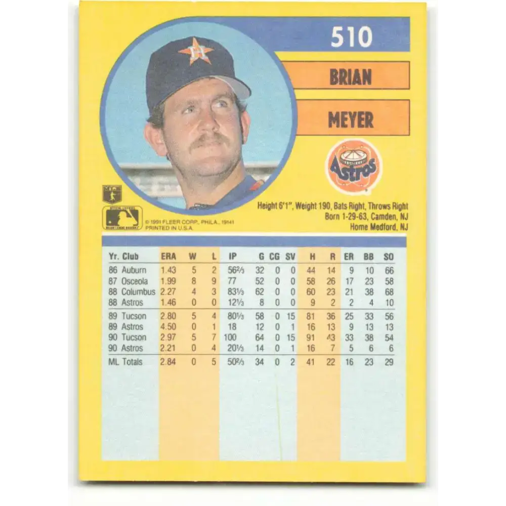 1991 Fleer #510 Brian Meyer NM-MT Houston Astros Baseball Card - Baseball Card Single