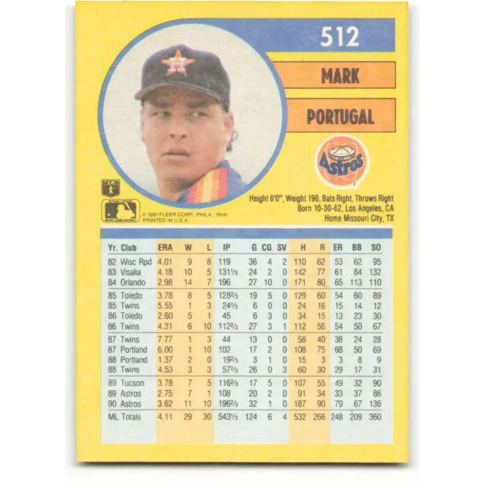 1991 Fleer #512 Mark Portugal NM-MT Houston Astros Baseball Card - Baseball Card Single