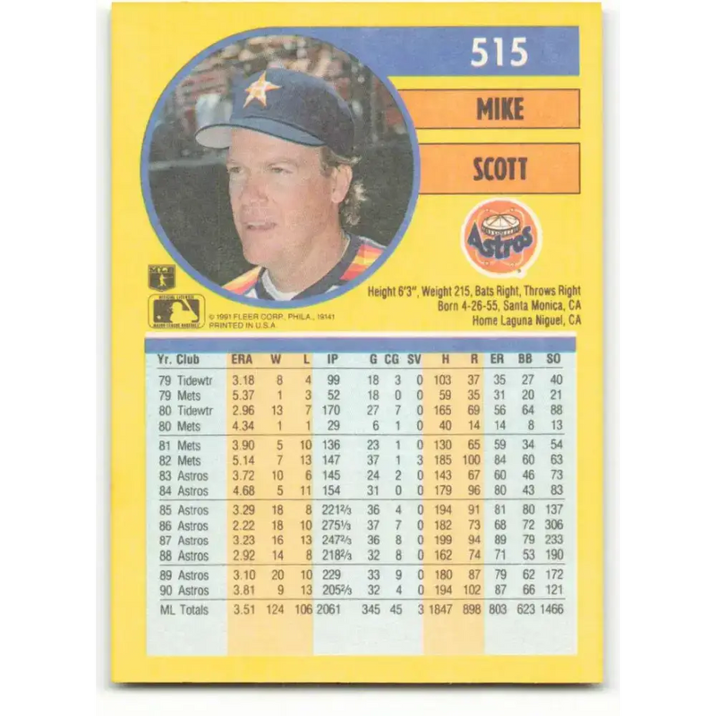 1991 Fleer #515 Mike Scott NM-MT Houston Astros Baseball Card - Baseball Card Single